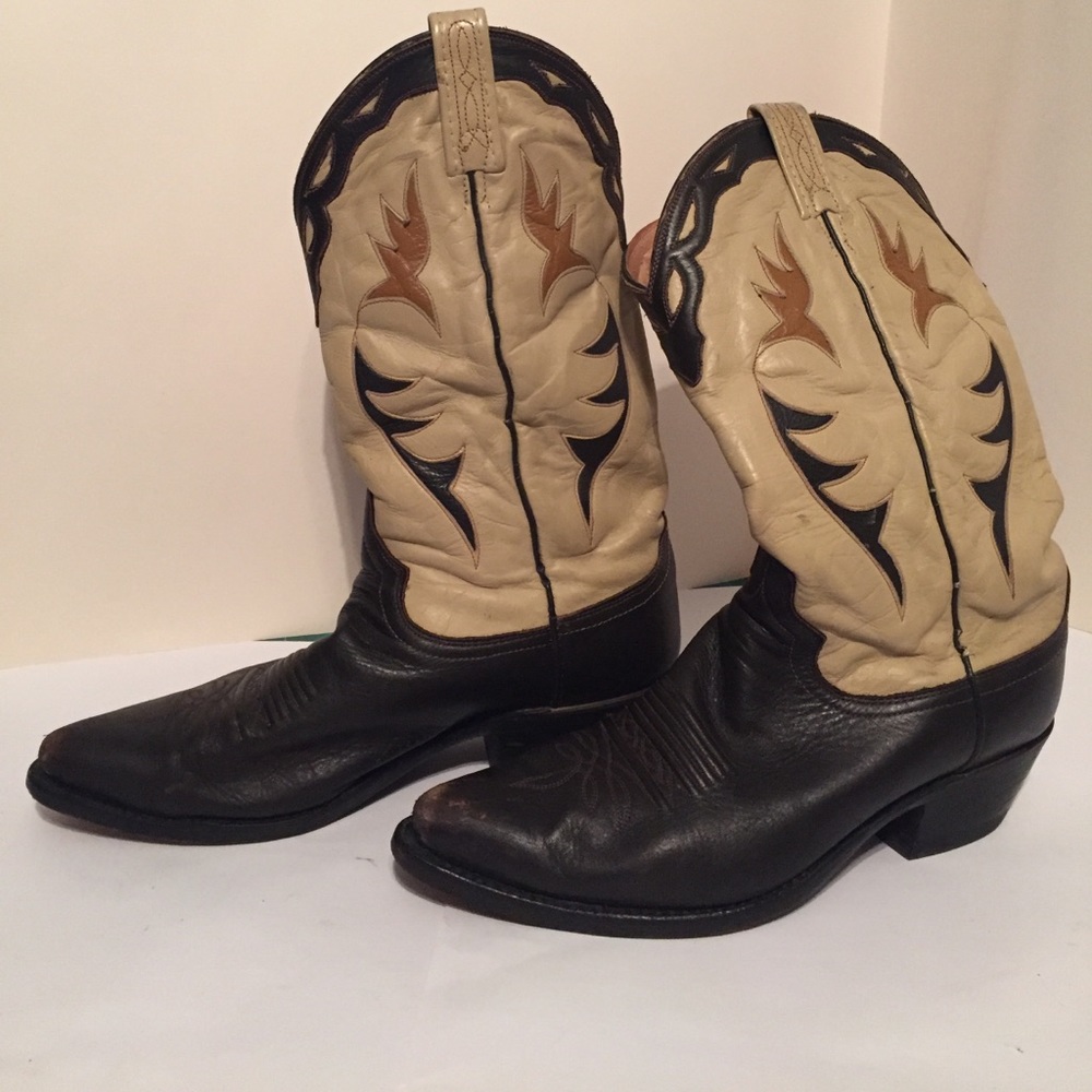 Dan Post Two-Tone Black and Cream Western Boots with Brown Accents